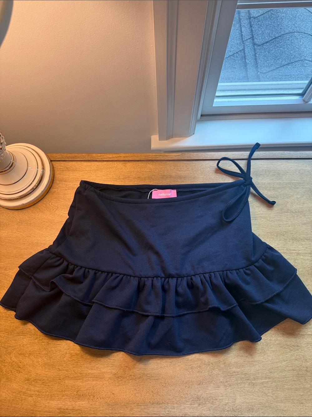 Edikted Navy Ruffled Skater Skirt with Side Tie